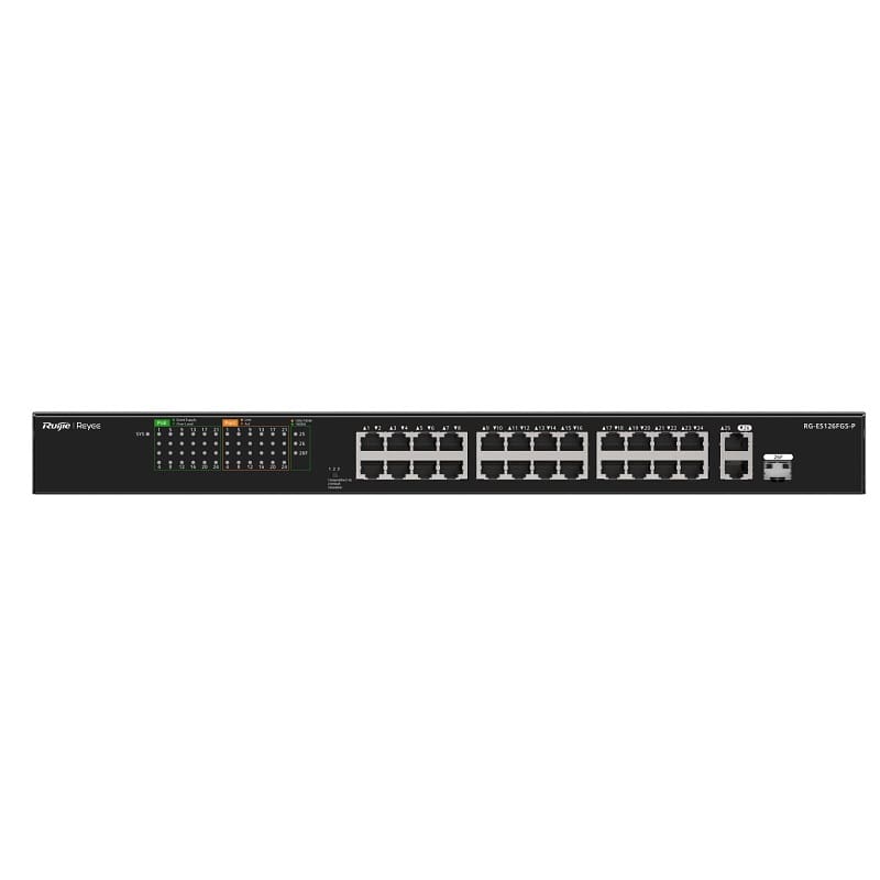 Switch mạng PoE Ruijie RG-ES126FGS-P – 24 cổng PoE+, 2 uplink Gigabit, 1 combo