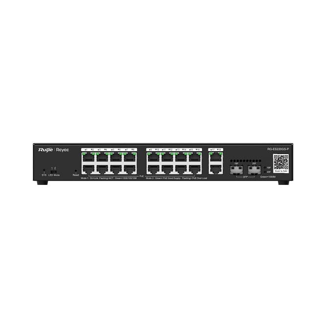 Switch mạng PoE Ruijie RG-ES220GS-P – 18 cổng Gigabit, 2 cổng uplink SFP Smart Cloud Managed