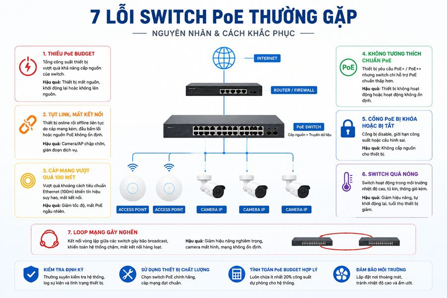 Những lỗi thường gặp khi sử dụng switch PoE cho camera IP và Access Point
