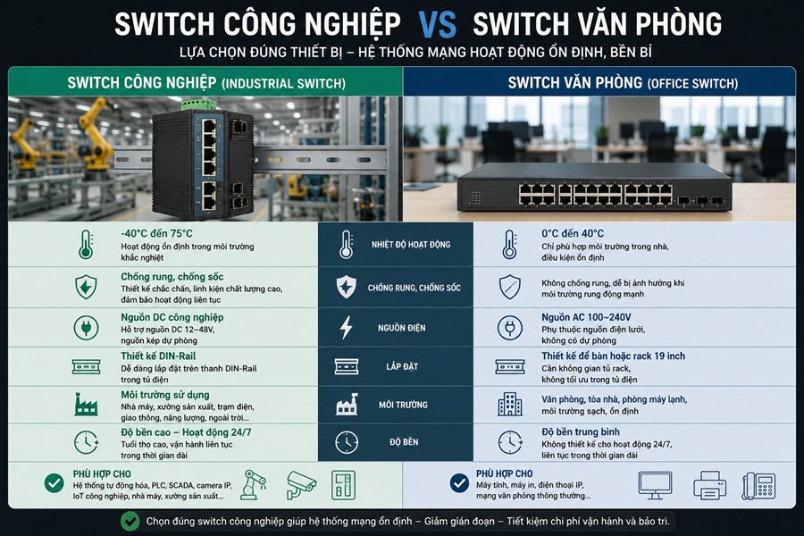 So sánh switch công nghiệp và switch văn phòng