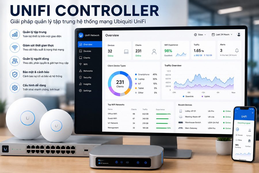 Giao diện UniFi Controller quản lý tập trung hệ thống mạng Ubiquiti UniFi